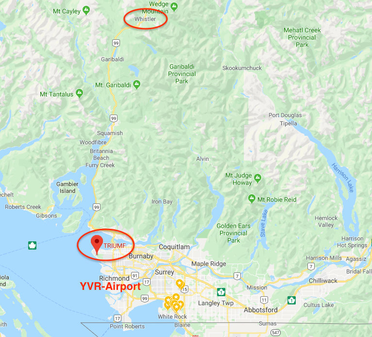 TRIUMF is a 2 hour drive  from Whistler.  The drive is very scenic. Much of the route follows the Howe Sound Shoreline.